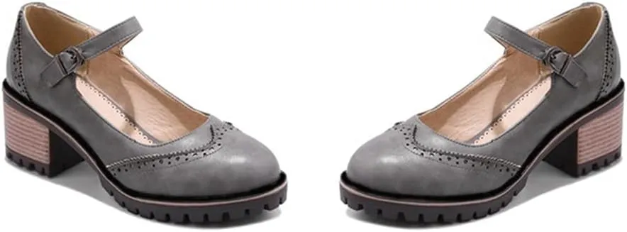 MIOKE Women's Retro Mary Jane Pump Oxford Brogue Round Toe Chunky Block Heel Platform Vintage Dress Shoes