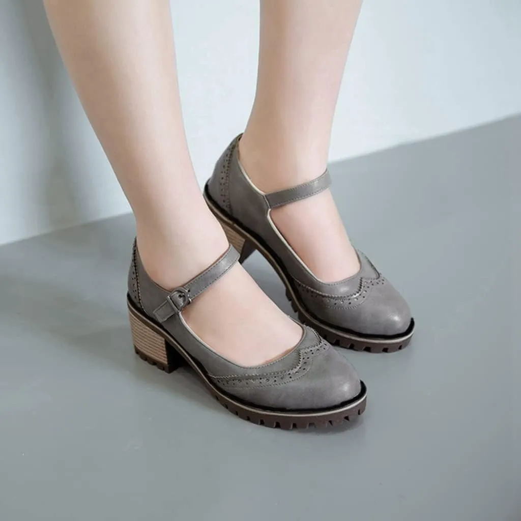 MIOKE Women's Retro Mary Jane Pump Oxford Brogue Round Toe Chunky Block Heel Platform Vintage Dress Shoes