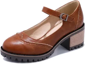 MIOKE Women's Retro Mary Jane Pump Oxford Brogue Round Toe Chunky Block Heel Platform Vintage Dress Shoes