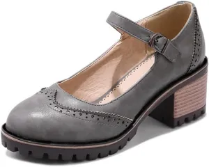 MIOKE Women's Retro Mary Jane Pump Oxford Brogue Round Toe Chunky Block Heel Platform Vintage Dress Shoes
