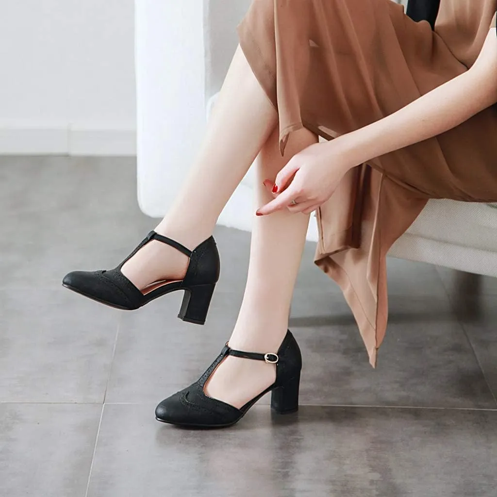 MIOKE Women's Retro T-Strap Mary Jane Pumps Round Toe Perforated Block Heel Vintage Brogue Oxford Shoes