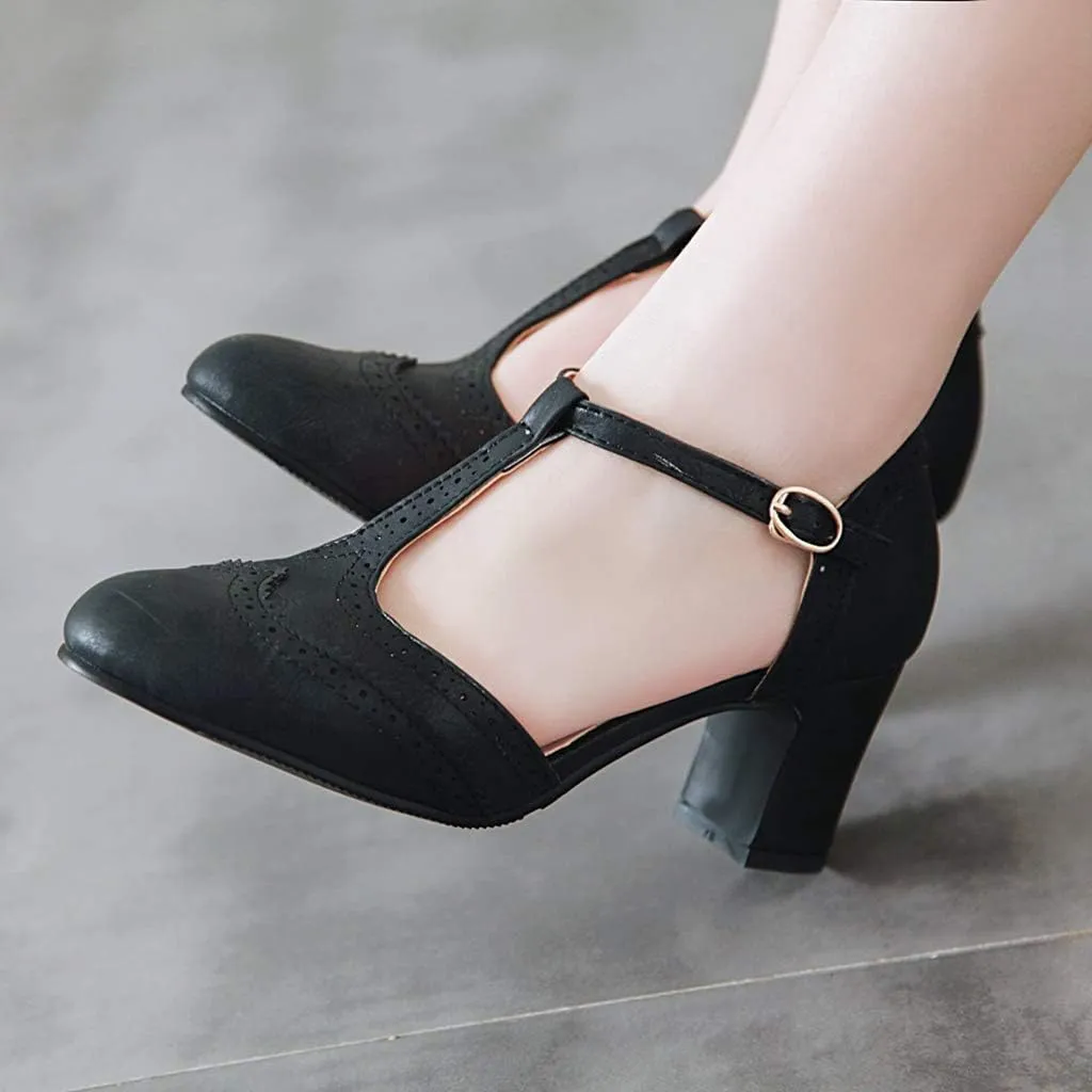 MIOKE Women's Retro T-Strap Mary Jane Pumps Round Toe Perforated Block Heel Vintage Brogue Oxford Shoes