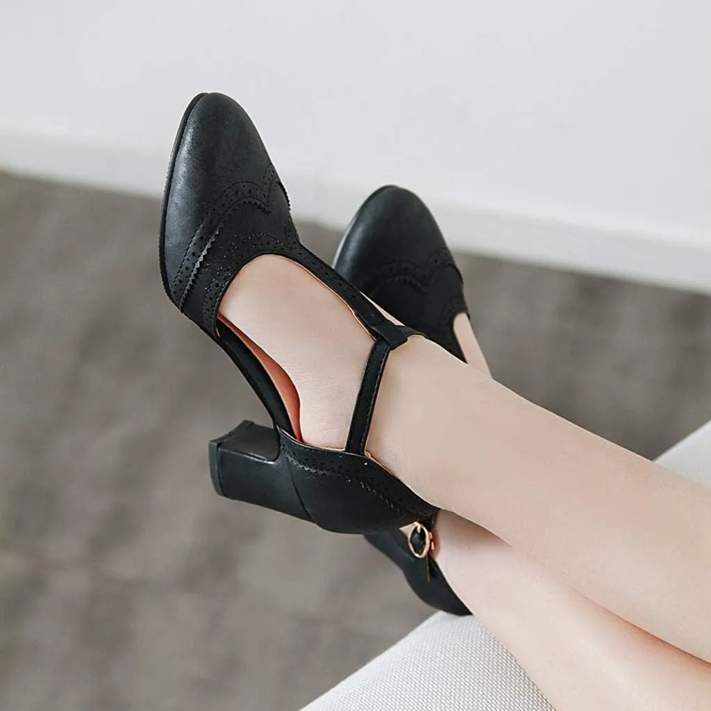 MIOKE Women's Retro T-Strap Mary Jane Pumps Round Toe Perforated Block Heel Vintage Brogue Oxford Shoes