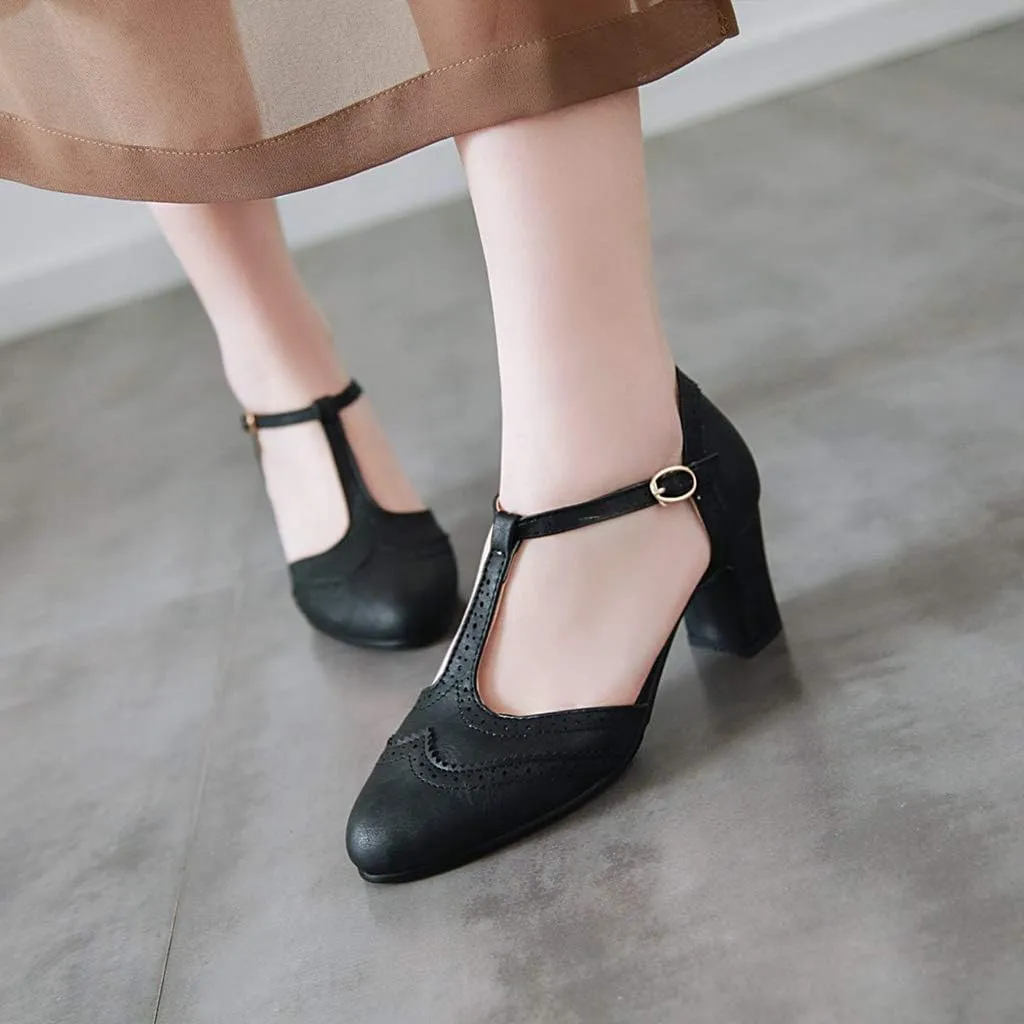 MIOKE Women's Retro T-Strap Mary Jane Pumps Round Toe Perforated Block Heel Vintage Brogue Oxford Shoes