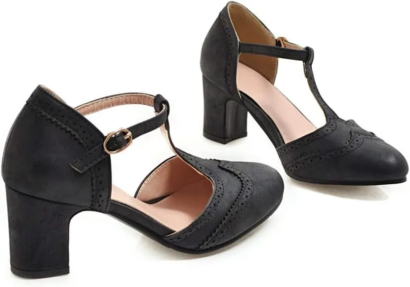 MIOKE Women's Retro T-Strap Mary Jane Pumps Round Toe Perforated Block Heel Vintage Brogue Oxford Shoes