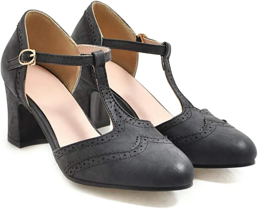 MIOKE Women's Retro T-Strap Mary Jane Pumps Round Toe Perforated Block Heel Vintage Brogue Oxford Shoes