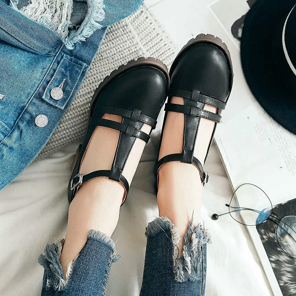 MIOKE Women's T-Strap Mary Jane Pumps Round Toe Chunky Mid Heel Platform Vintage Brogue Dress Oxford Shoes