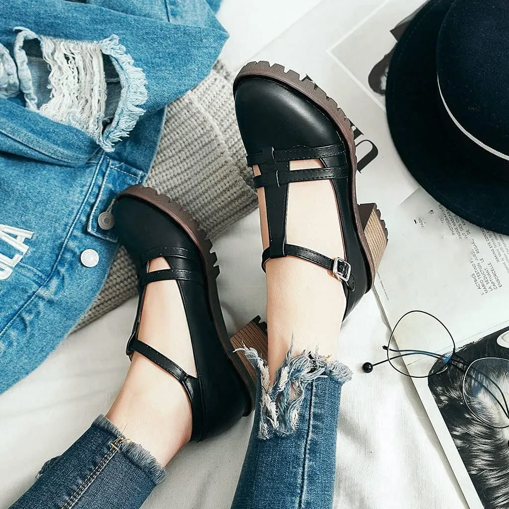 MIOKE Women's T-Strap Mary Jane Pumps Round Toe Chunky Mid Heel Platform Vintage Brogue Dress Oxford Shoes