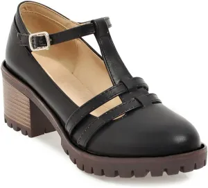 MIOKE Women's T-Strap Mary Jane Pumps Round Toe Chunky Mid Heel Platform Vintage Brogue Dress Oxford Shoes