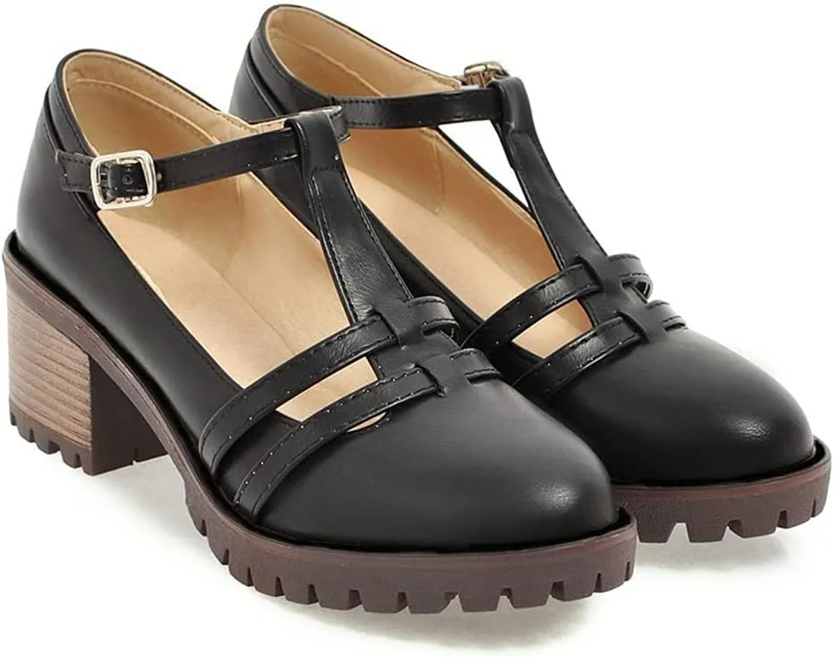 MIOKE Women's T-Strap Mary Jane Pumps Round Toe Chunky Mid Heel Platform Vintage Brogue Dress Oxford Shoes