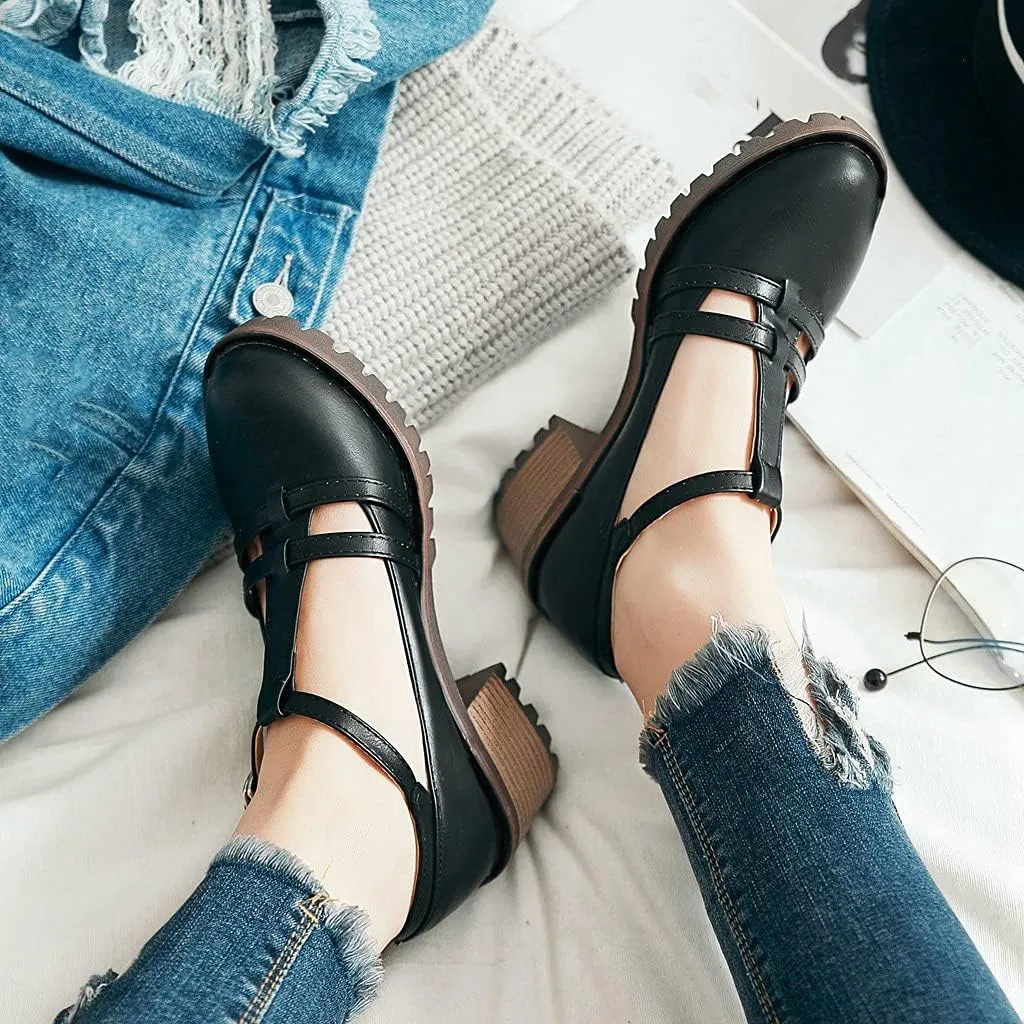 MIOKE Women's T-Strap Mary Jane Pumps Round Toe Chunky Mid Heel Platform Vintage Brogue Dress Oxford Shoes