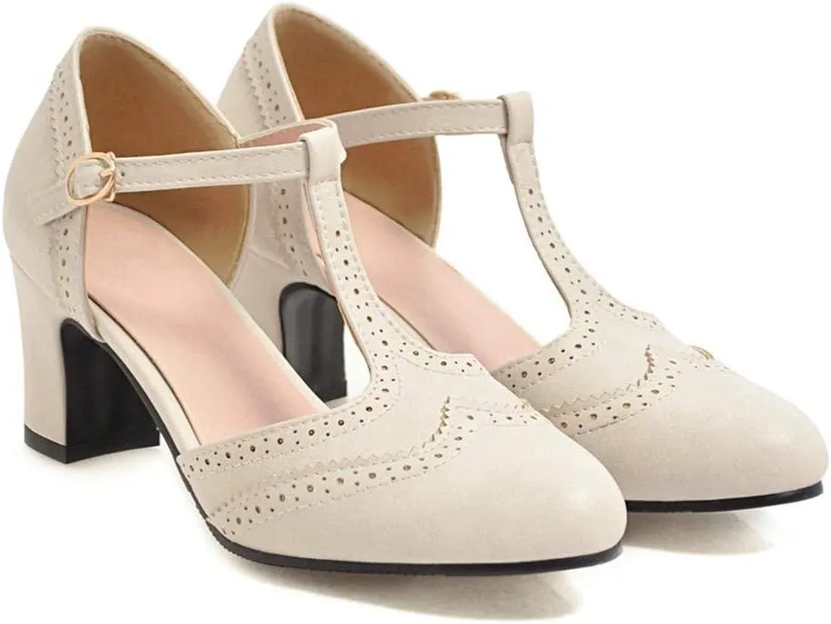 MIOKE Women's Vintage Mary Jane Pumps Round Toe Brogue Chunky Block Heel Classic Retro Dress Oxford Shoes