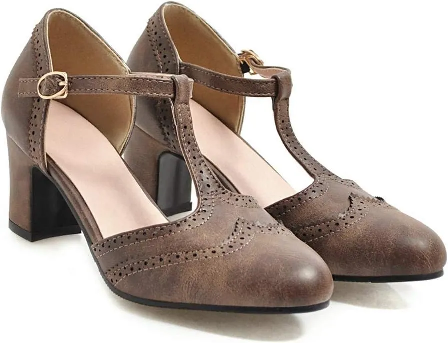 MIOKE Women's Vintage Mary Jane Pumps Round Toe Brogue Chunky Block Heel Classic Retro Dress Oxford Shoes