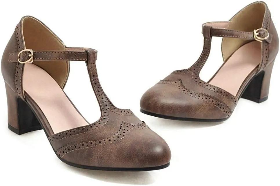 MIOKE Women's Vintage Mary Jane Pumps Round Toe Brogue Chunky Block Heel Classic Retro Dress Oxford Shoes