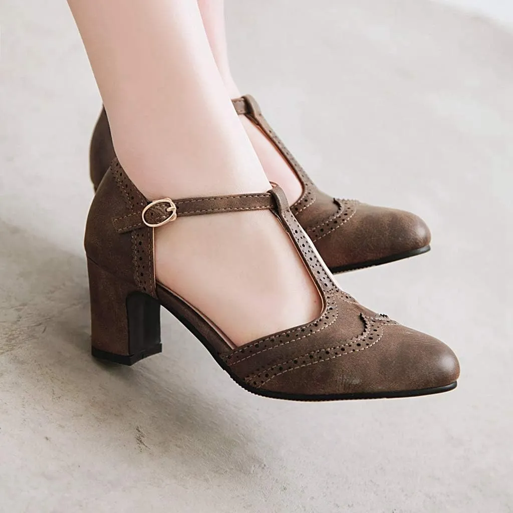MIOKE Women's Vintage Mary Jane Pumps Round Toe Brogue Chunky Block Heel Classic Retro Dress Oxford Shoes