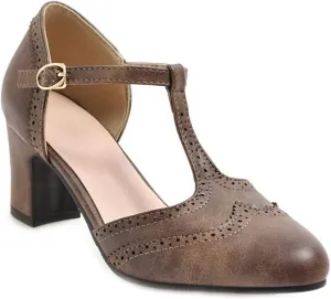 MIOKE Women's Vintage Mary Jane Pumps Round Toe Brogue Chunky Block Heel Classic Retro Dress Oxford Shoes