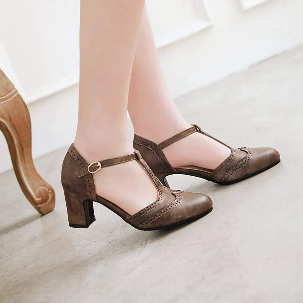MIOKE Women's Vintage Mary Jane Pumps Round Toe Brogue Chunky Block Heel Classic Retro Dress Oxford Shoes
