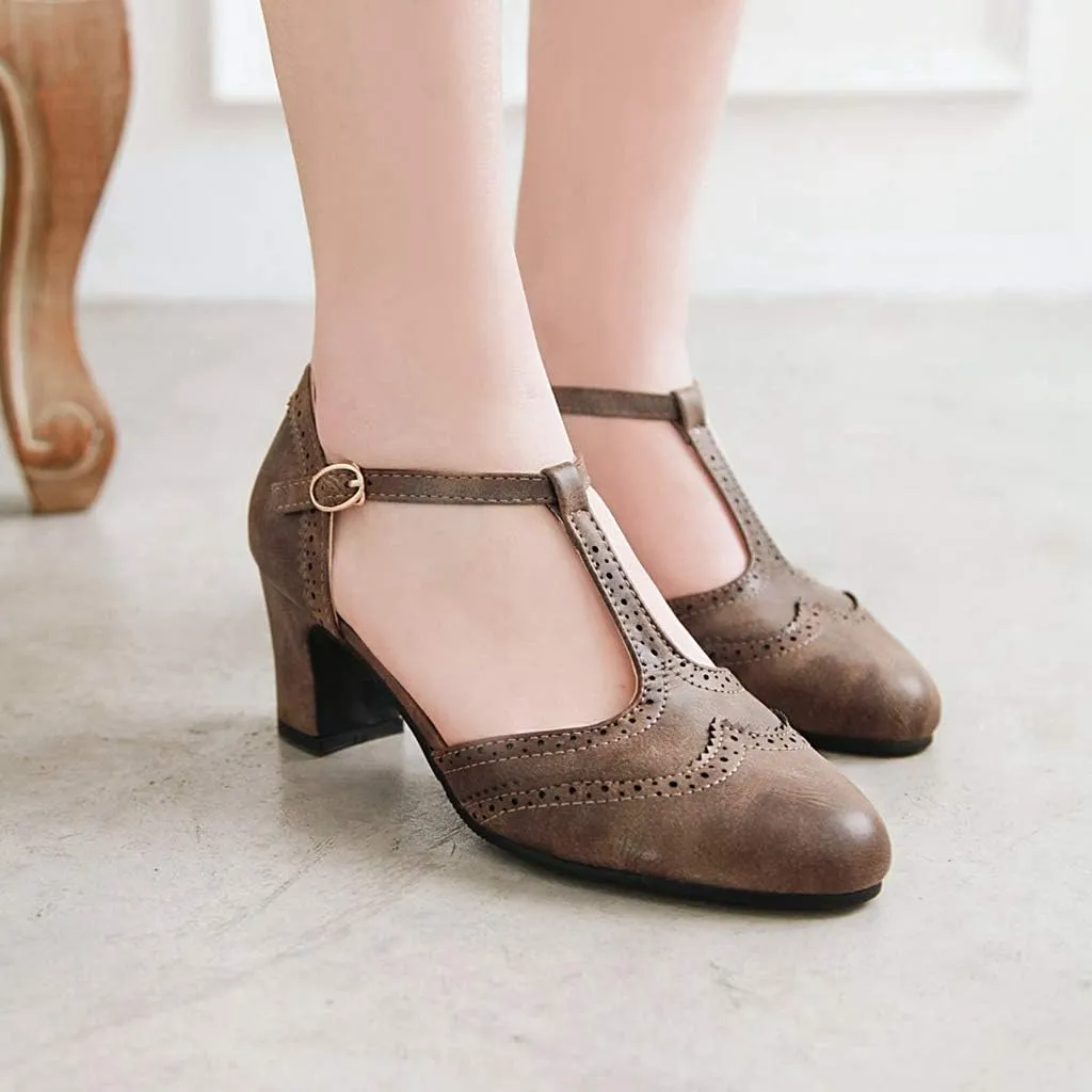 MIOKE Women's Vintage Mary Jane Pumps Round Toe Brogue Chunky Block Heel Classic Retro Dress Oxford Shoes