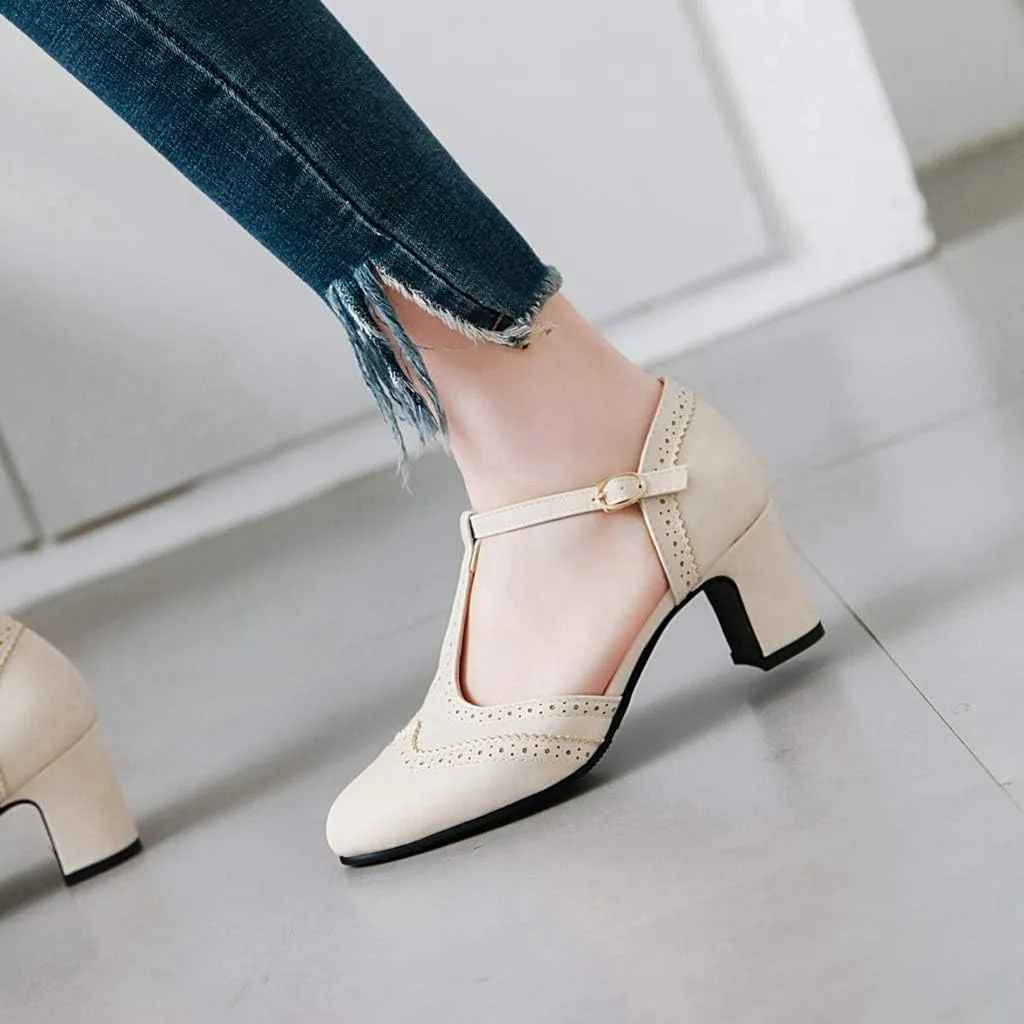 MIOKE Women's Vintage Mary Jane Pumps Round Toe Brogue Chunky Block Heel Classic Retro Dress Oxford Shoes