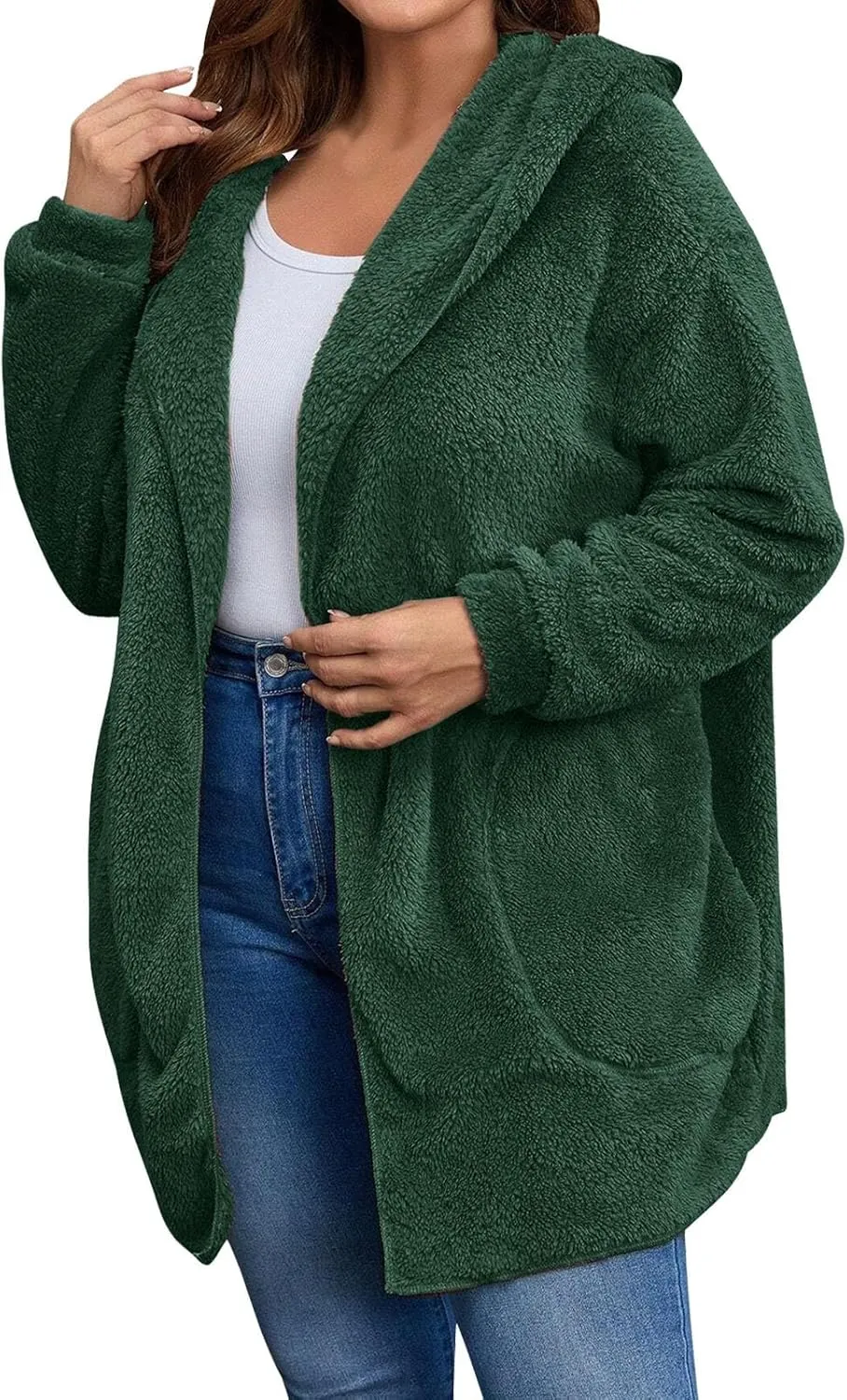 Miyaomn Women's Hooded Cardigans Fuzzy Fleece Oversized Long Jackets Hoodies Winter Warm Open Front Plush Sherpa Coat Outwear