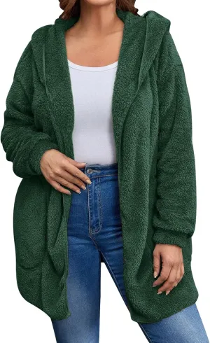 Miyaomn Women's Hooded Cardigans Fuzzy Fleece Oversized Long Jackets Hoodies Winter Warm Open Front Plush Sherpa Coat Outwear