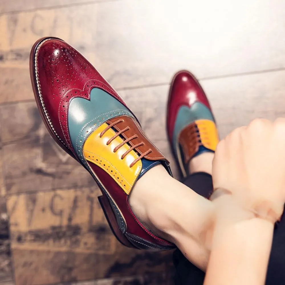 Modern Casual Lace-up Leather Shoes Classic Low Top Non Slip Oxfords Vintage Splicing Brogue Embossed Dress Shoes