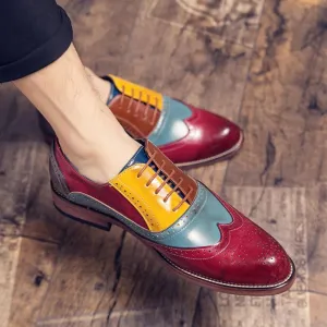 Modern Casual Lace-up Leather Shoes Classic Low Top Non Slip Oxfords Vintage Splicing Brogue Embossed Dress Shoes