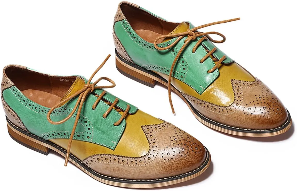 Mona flying Women's Comfortable Multicolored Wingtip Oxfords Brogue Lace-up Leather Shoes for Womens Ladies