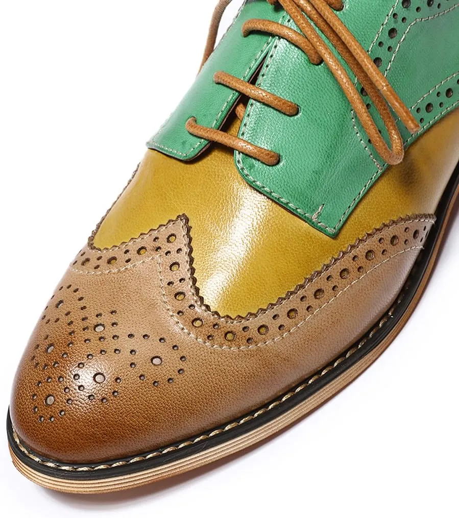 Mona flying Women's Comfortable Multicolored Wingtip Oxfords Brogue Lace-up Leather Shoes for Womens Ladies