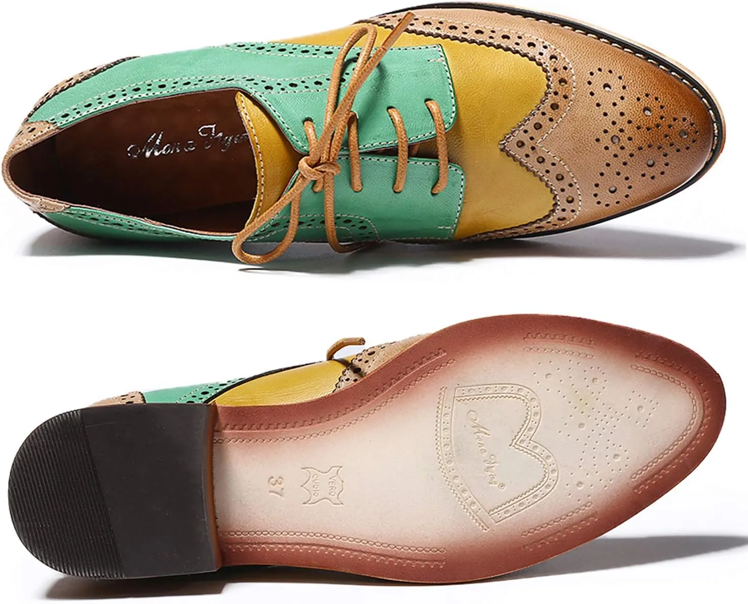 Mona flying Women's Comfortable Multicolored Wingtip Oxfords Brogue Lace-up Leather Shoes for Womens Ladies
