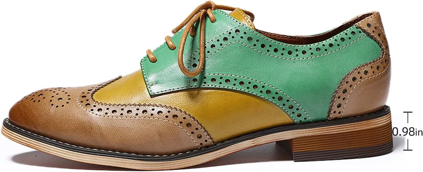 Mona flying Women's Comfortable Multicolored Wingtip Oxfords Brogue Lace-up Leather Shoes for Womens Ladies