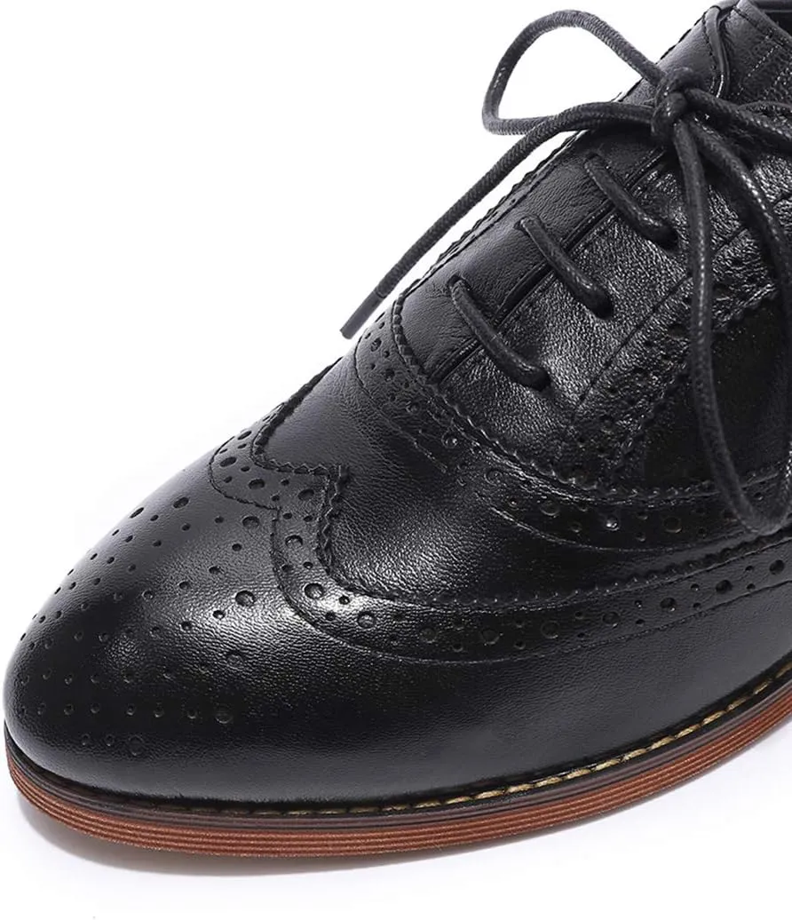 Mona flying Women's Comfortable Wingtip Oxfords Brogue Saddle Lace-up Leather Shoes for Ladies