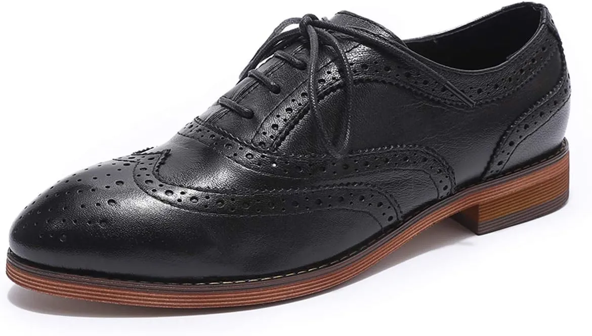 Mona flying Women's Comfortable Wingtip Oxfords Brogue Saddle Lace-up Leather Shoes for Ladies