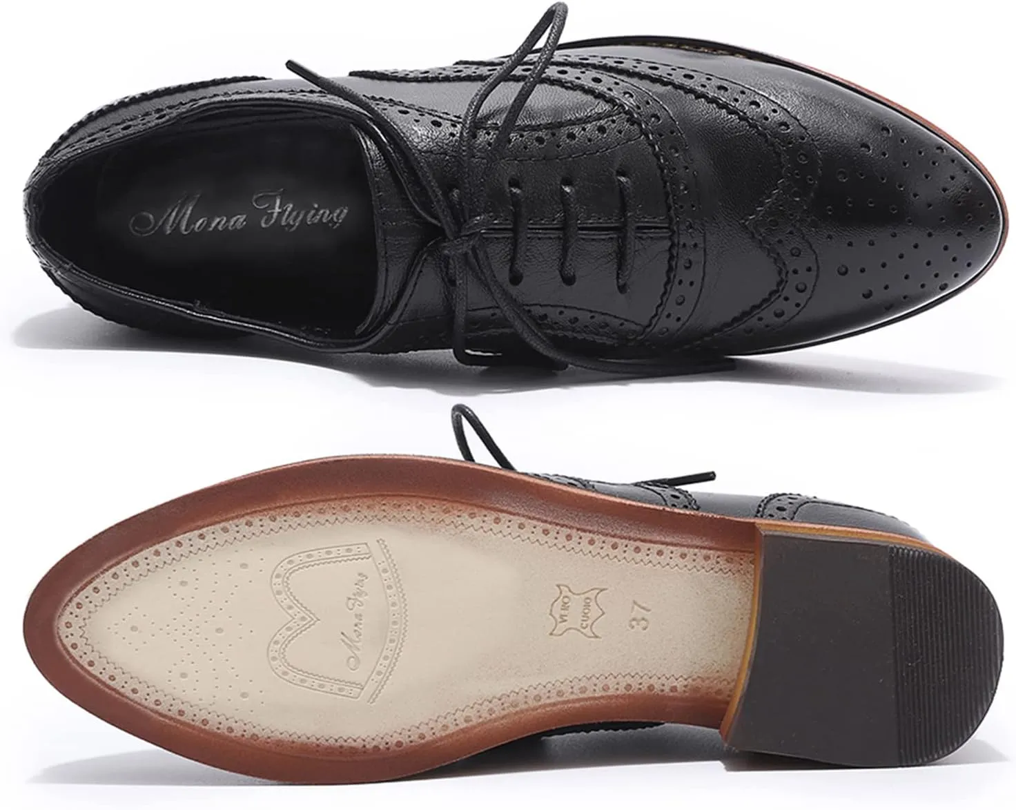 Mona flying Women's Comfortable Wingtip Oxfords Brogue Saddle Lace-up Leather Shoes for Ladies