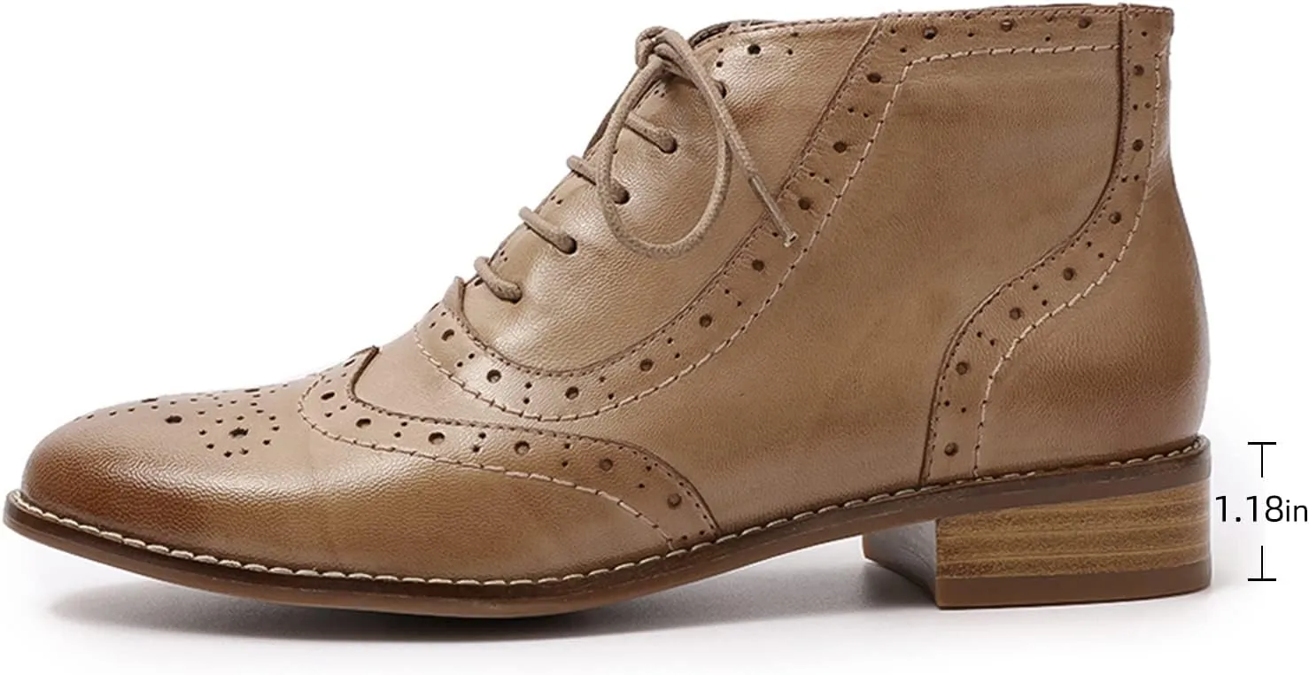 Mona flying Women's Leather Lace-up Wingtip Oxfords Brogue Boots Ankle High Vintage Tie up Booties Ladies Low Heel Short Boots