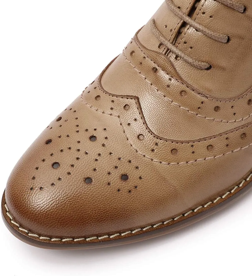 Mona flying Women's Leather Lace-up Wingtip Oxfords Brogue Boots Ankle High Vintage Tie up Booties Ladies Low Heel Short Boots