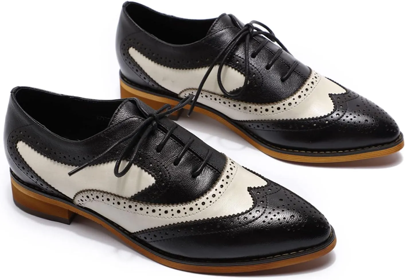 Mona flying Women's Perforated Oxfords Wingtip Brogue Lace up Leather Flat Office Work Shoes for Ladies