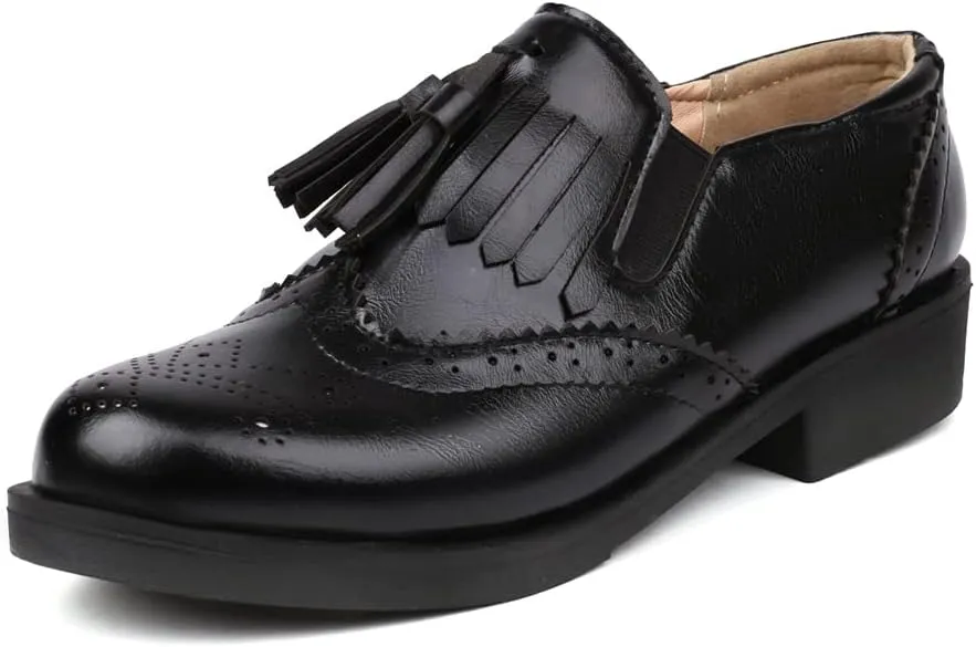 MRKEWUNEY Casual Women Flat Loafers Tassel Chunky Heel Loafers Slip On Penny Loafers Round Toe Low Loafers