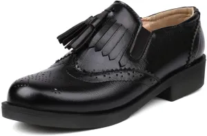 MRKEWUNEY Casual Women Flat Loafers Tassel Chunky Heel Loafers Slip On Penny Loafers Round Toe Low Loafers