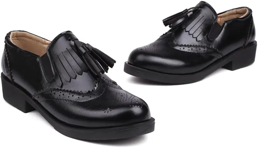 MRKEWUNEY Casual Women Flat Loafers Tassel Chunky Heel Loafers Slip On Penny Loafers Round Toe Low Loafers