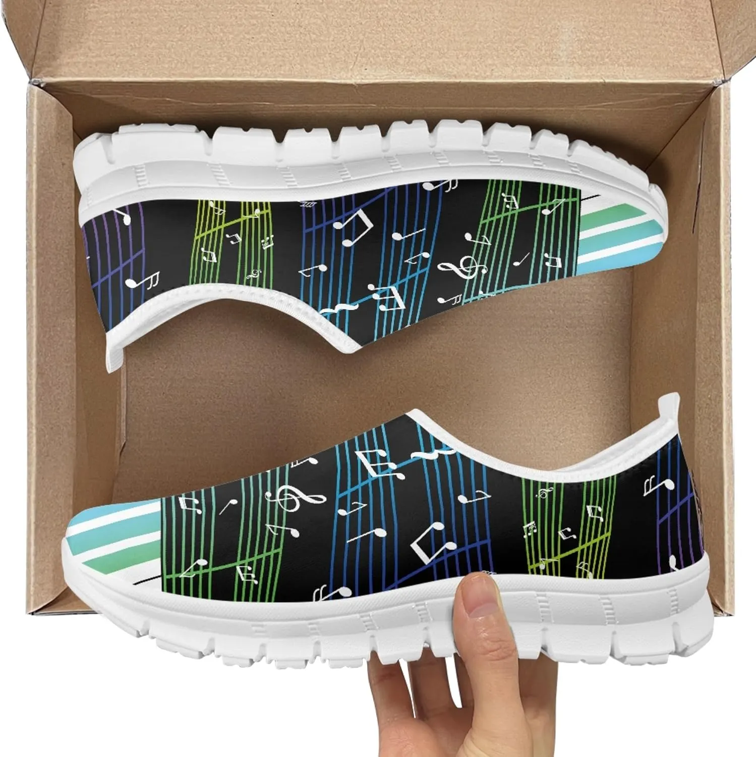 Musical Print Womens Flat Shoes Comfort Mesh Slip-on Walking Shoes Casual Sneakers Size 5-10.5