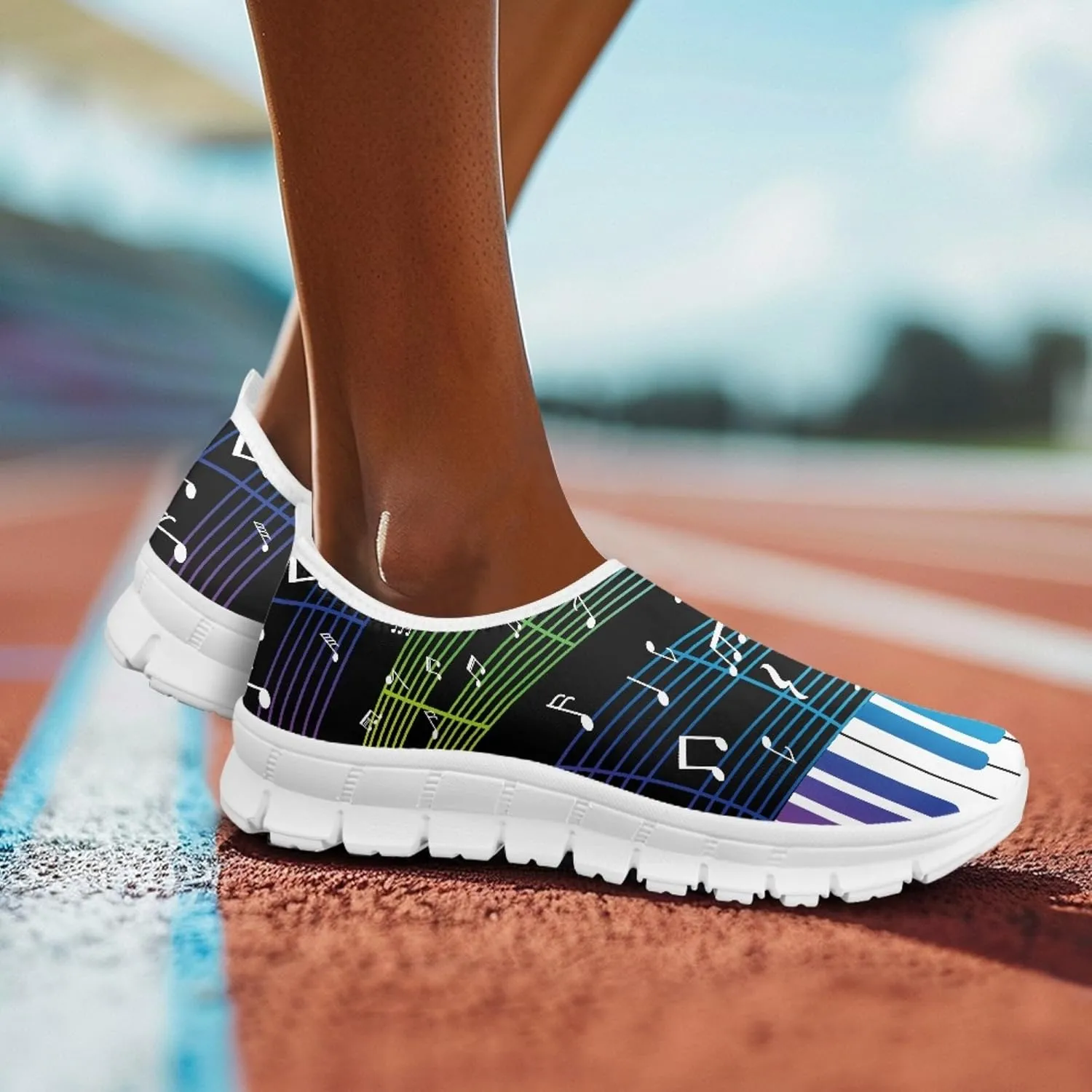 Musical Print Womens Flat Shoes Comfort Mesh Slip-on Walking Shoes Casual Sneakers Size 5-10.5