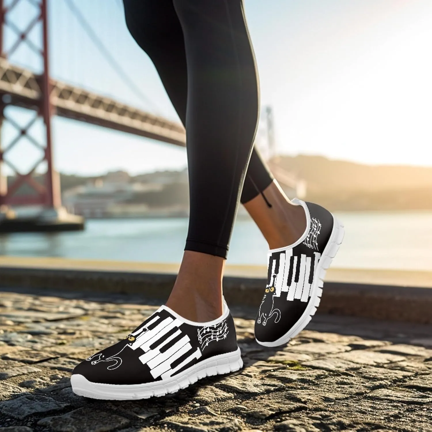 Musical Print Womens Flat Shoes Comfort Mesh Slip-on Walking Shoes Casual Sneakers Size 5-10.5