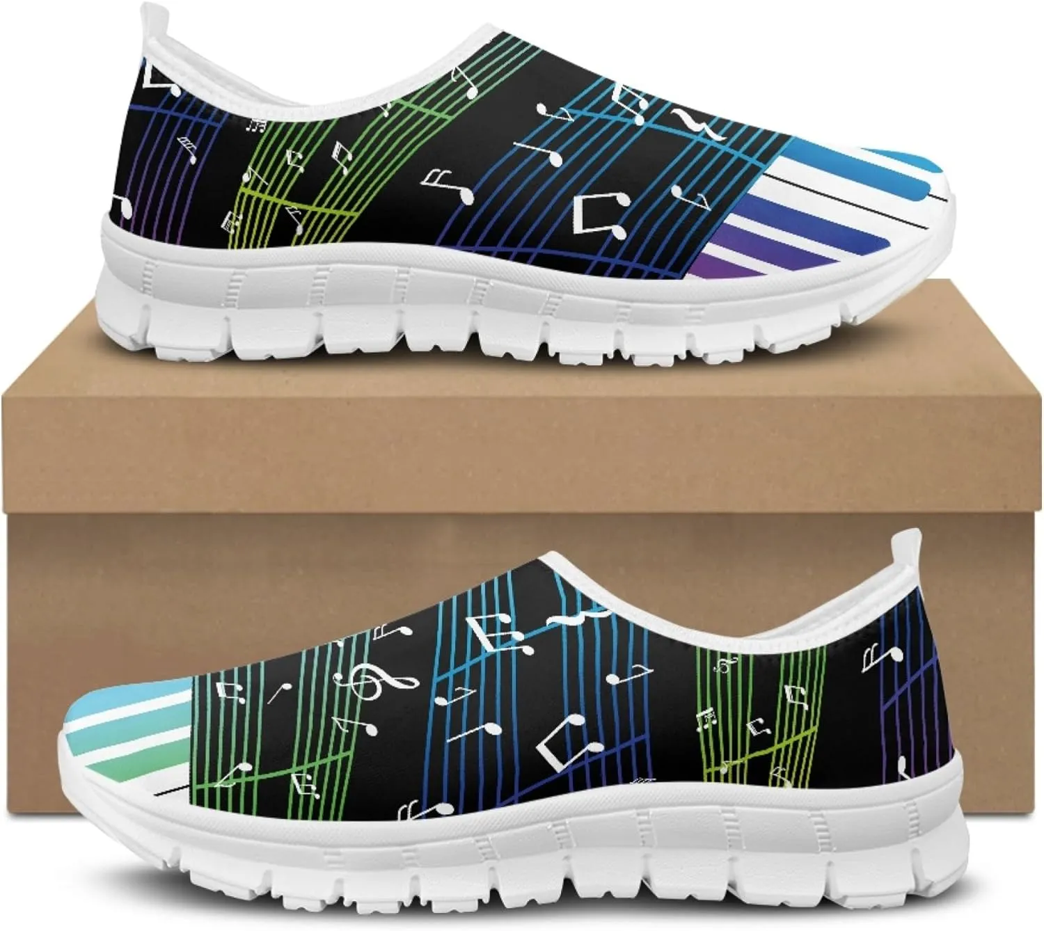 Musical Print Womens Flat Shoes Comfort Mesh Slip-on Walking Shoes Casual Sneakers Size 5-10.5