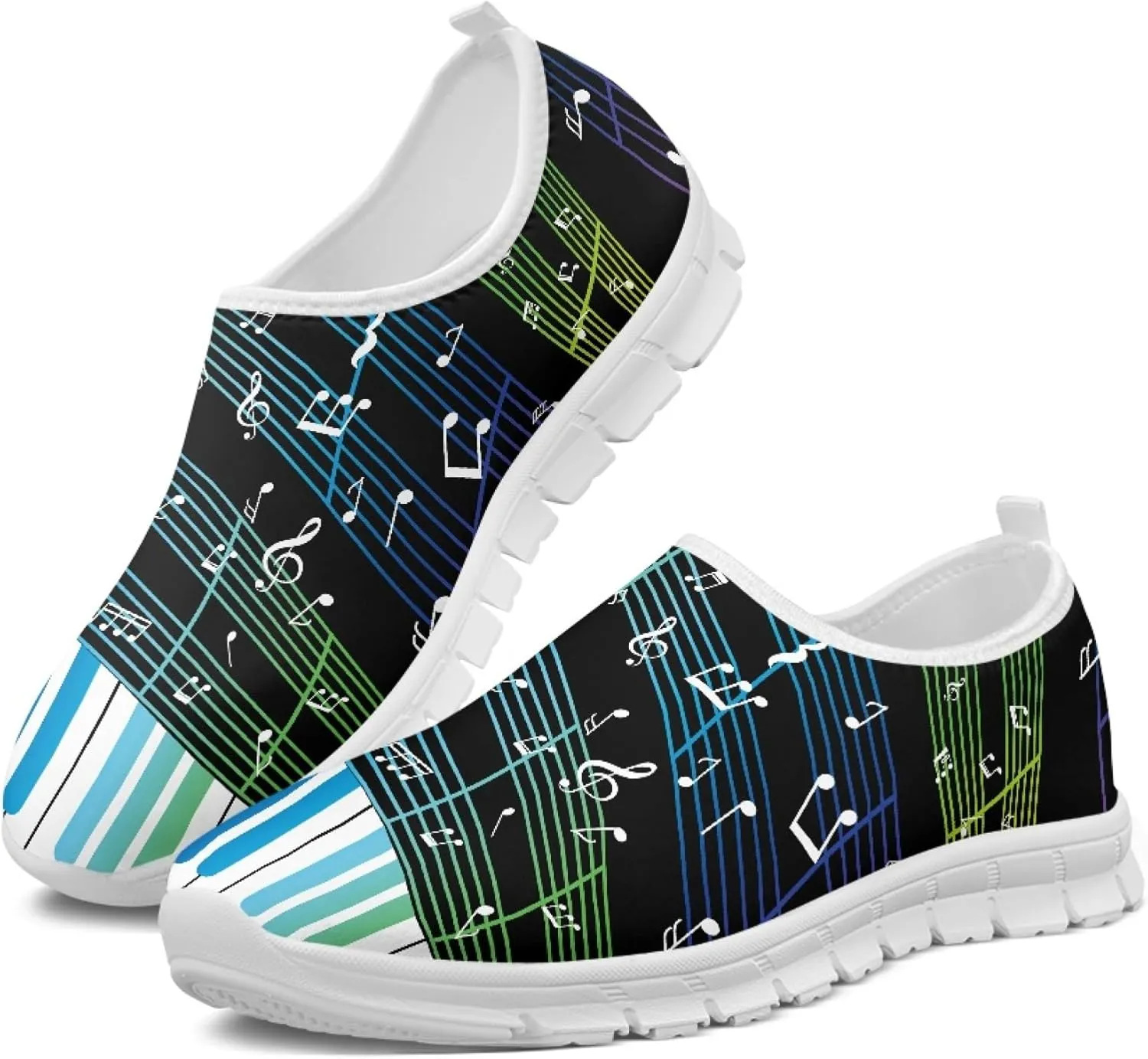Musical Print Womens Flat Shoes Comfort Mesh Slip-on Walking Shoes Casual Sneakers Size 5-10.5