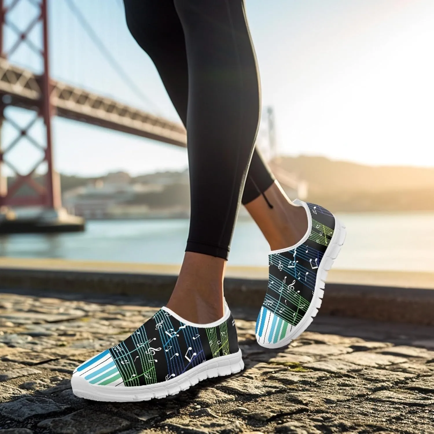 Musical Print Womens Flat Shoes Comfort Mesh Slip-on Walking Shoes Casual Sneakers Size 5-10.5