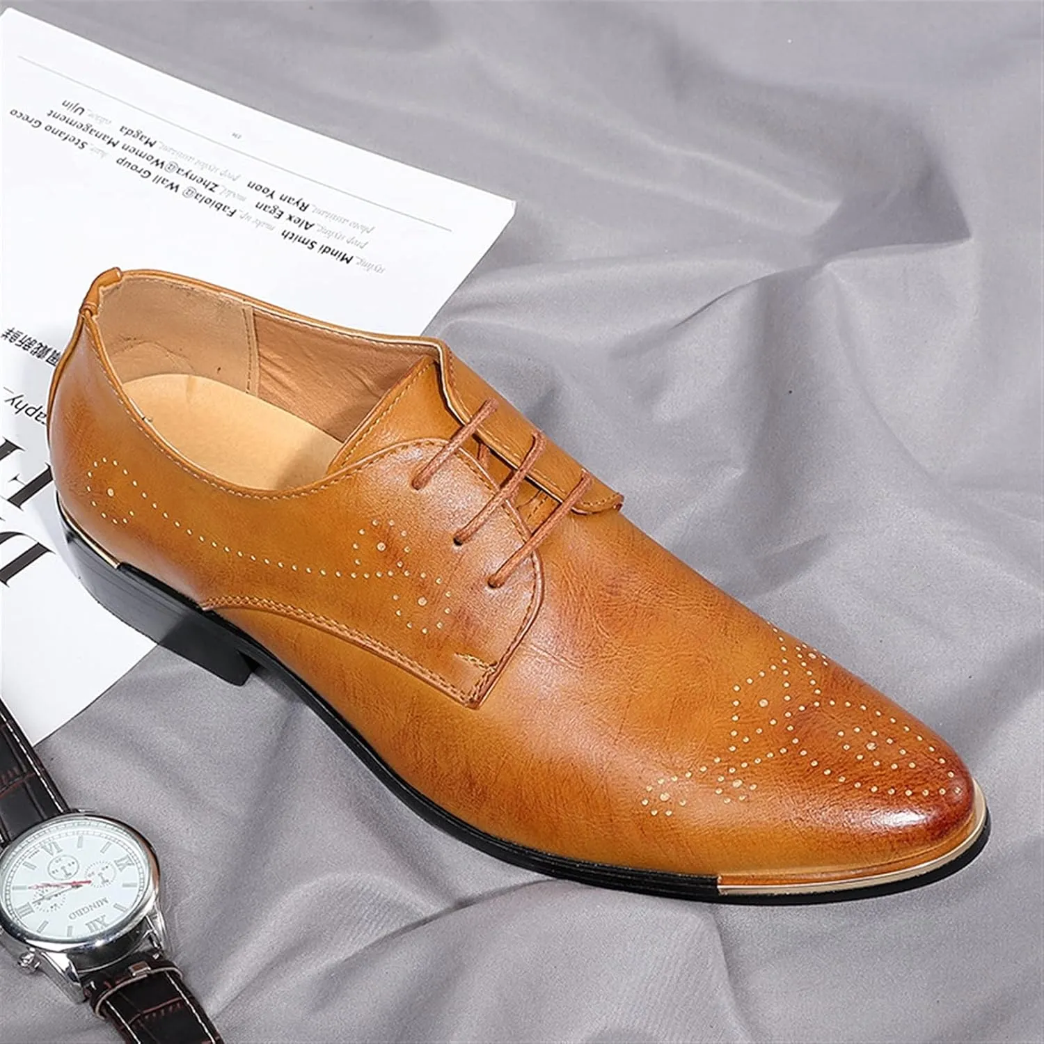 New Formal Oxford Shoes for Men Lace Up Brogue Embossed Derby Shoes Vegan Leather Rubber Sole Block Heel Slip Resistant Party