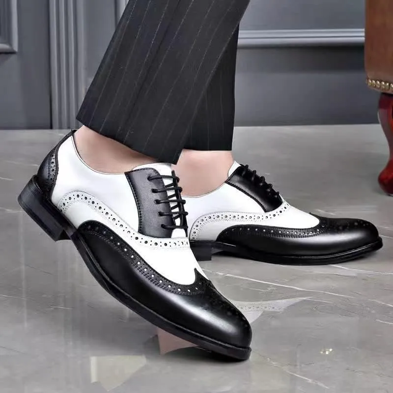 New Formal Shoes for Men Lace Up Brogue Embossed Wing tip PU Leather Two Tone Oxford Shoes Anti-Slip Rubber Sole Non Slip Block Heel Business