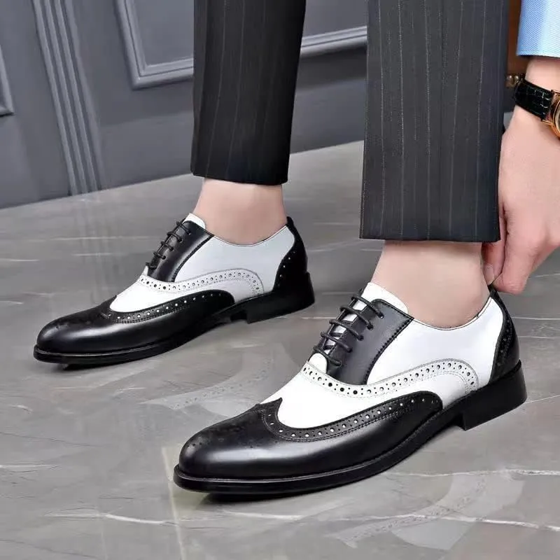 New Formal Shoes for Men Lace Up Brogue Embossed Wing tip PU Leather Two Tone Oxford Shoes Anti-Slip Rubber Sole Non Slip Block Heel Business