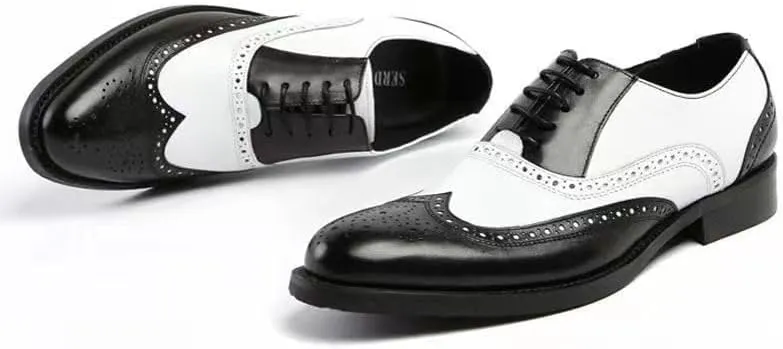New Formal Shoes for Men Lace Up Brogue Embossed Wing tip PU Leather Two Tone Oxford Shoes Anti-Slip Rubber Sole Non Slip Block Heel Business